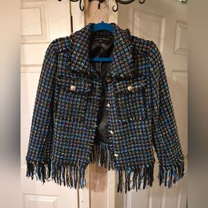 Boston Proper Multicolor Tweed Fringe Blazer